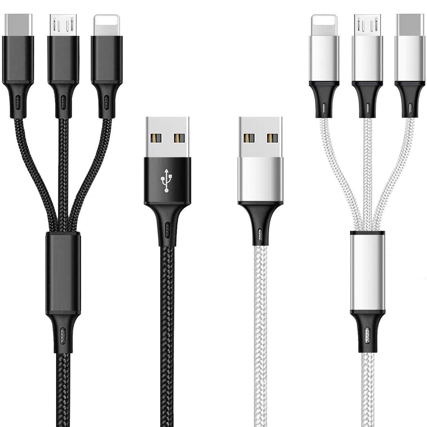 Multi Charging Cable, 4Ft 2Pack Multi Phone Charger Cable Braided Universal 3 in 1 Charging Cord Extra Long Multiple USB Cable with USB C, Micro USB Port Connectors（Red+Black