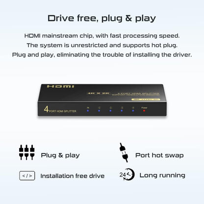 4K HDMI Splitter 1x4 - Supports 4K 60Hz, Full HD 1080P, and 3D, Compatible with Xbox, PS3/4, Roku, and Blu-Ray Players