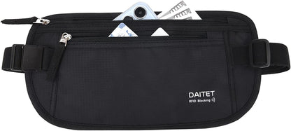 RFID-Blocking Money Belt and Passport Holder - Secure Hidden Travel Wallet Fanny Pack (Black)