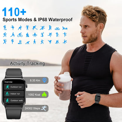 Bluetooth Smartwatch, 1.85" HD Touchscreen, 100+ Sports Modes, Heart Rate, SpO2, and Sleep Monitoring, IP68 Waterproof