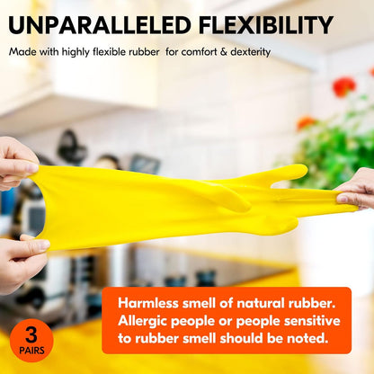 Vgo 3 Pairs of Reusable Rubber Dishwashing and Kitchen Cleaning Gloves (Medium, Yellow, Model Hh4601)