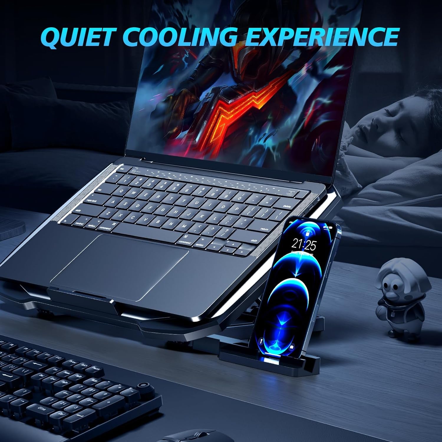 Laptop Cooling Pad for Gaming Laptops, Featuring 5 Quiet Fans, Adjustable Height, Dual USB Ports, and Integrated Phone Stand for 12-15.6 Inch Devices