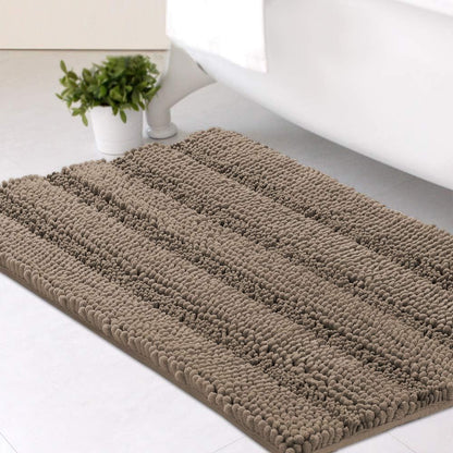 Set of 2 Striped Anti-Slip Bath Mats - Soft Plush Chenille Shaggy Floor Mats  - Water Absorbent (Grey, 32 x 20 & 24 x 17 Inches)