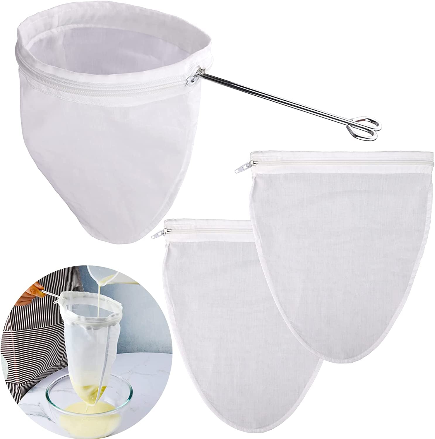 Ultra Fine Mesh Strainer Bags with Stainless Steel Frame Handle - Commercial Grade Reusable Food Filter Bags