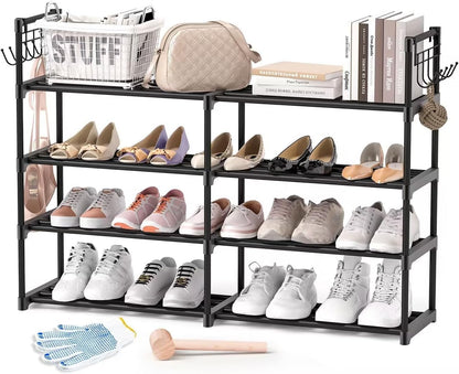 4-Tier Black Metal Shoe Rack with Multifunctional Hooks, Stackable Design for 20 Pairs, Space-Saving Solution for Closets and Showrooms