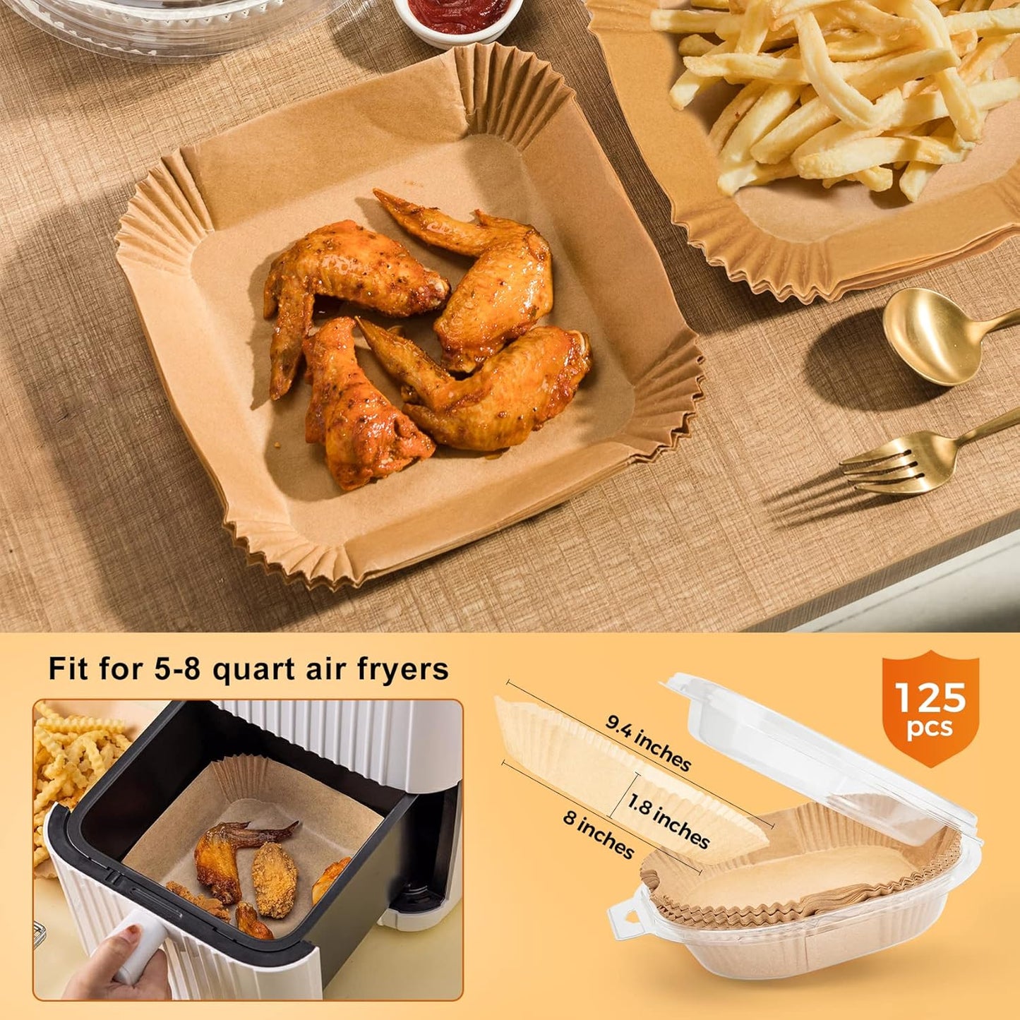 Air Fryer Disposable Liners, 125Pcs 7.9 Inch Square Air Fryer Parchment Paper Liners for 5 to 8 Qt Basket, Food Grade Baking Paper for Microwave Baking Roasting