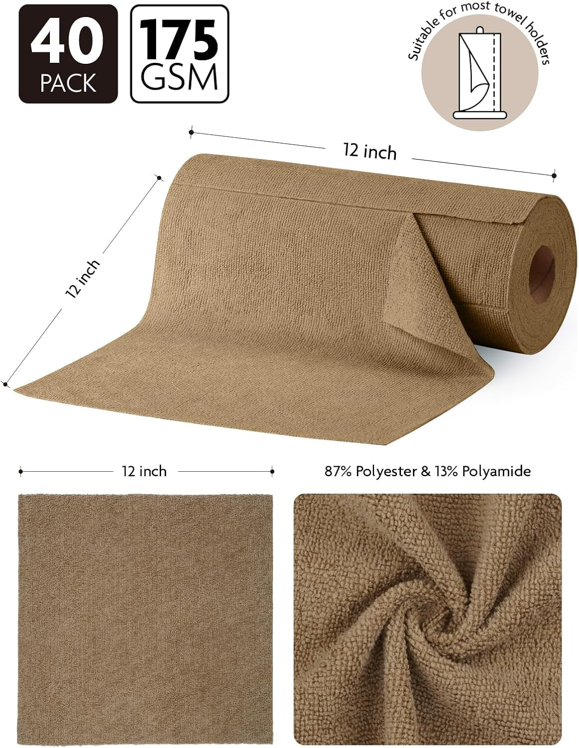 Microfiber Cleaning Cloth Roll - 40 Tear-Away Towels, 30x30 cm, Reusable, Washable, Scratch-Free Ultra Absorbent Dish Rags (Tan)