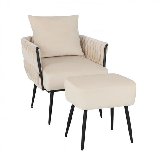 Contemporary Dutch Velvet Accent Chair and Ottoman Set with Woven Back and Armrests