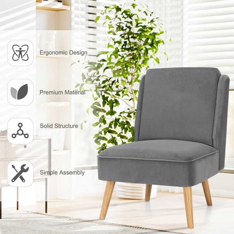 Velvet Armless Accent Chair with Rubberwood Legs for Bedroom Decor