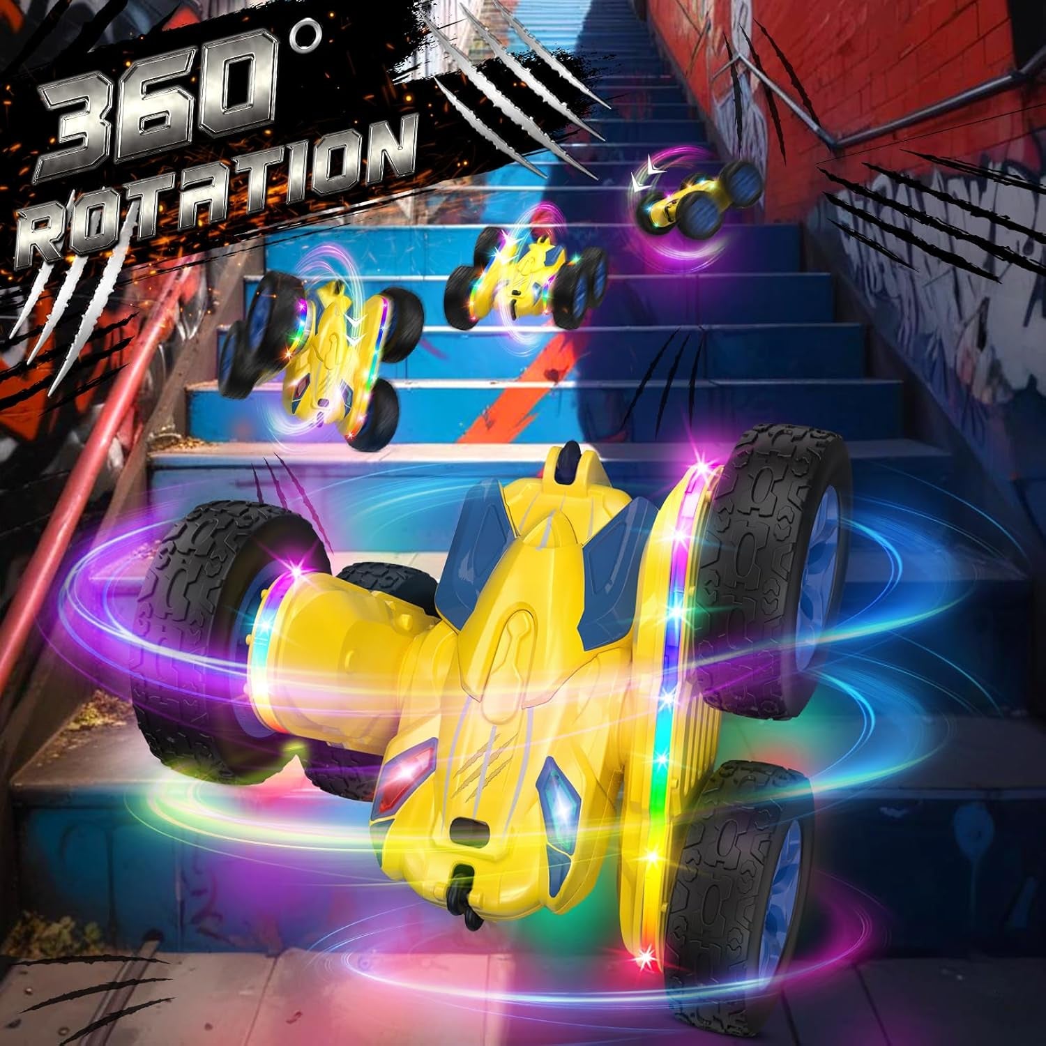 Remote Control Stunt Car-LED Light Strips, Headlights, 2.4GHz All-Terrain Double-Sided 360° Rotating RC Vehicle Ages 8+