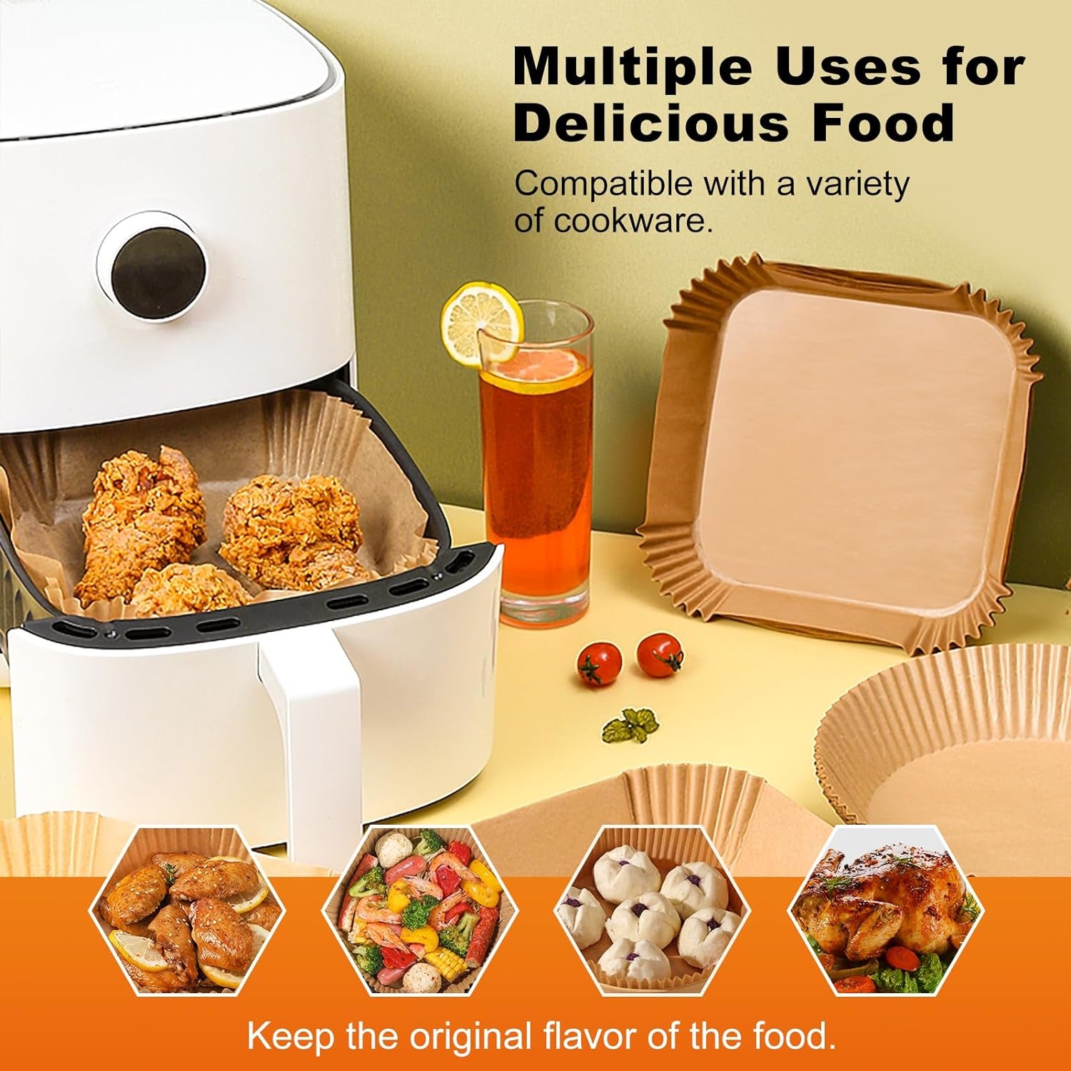 Air Fryer Disposable Liners, 125Pcs 7.9 Inch Square Air Fryer Parchment Paper Liners for 5 to 8 Qt Basket, Food Grade Baking Paper for Microwave Baking Roasting