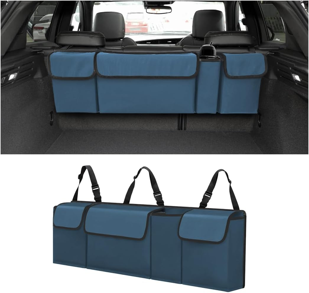 Car Trunk Organizer - Waterproof, Durable Backseat Hanging Cargo Bag with Adjustable Anti-Slip Straps and 4 Pockets (Black)