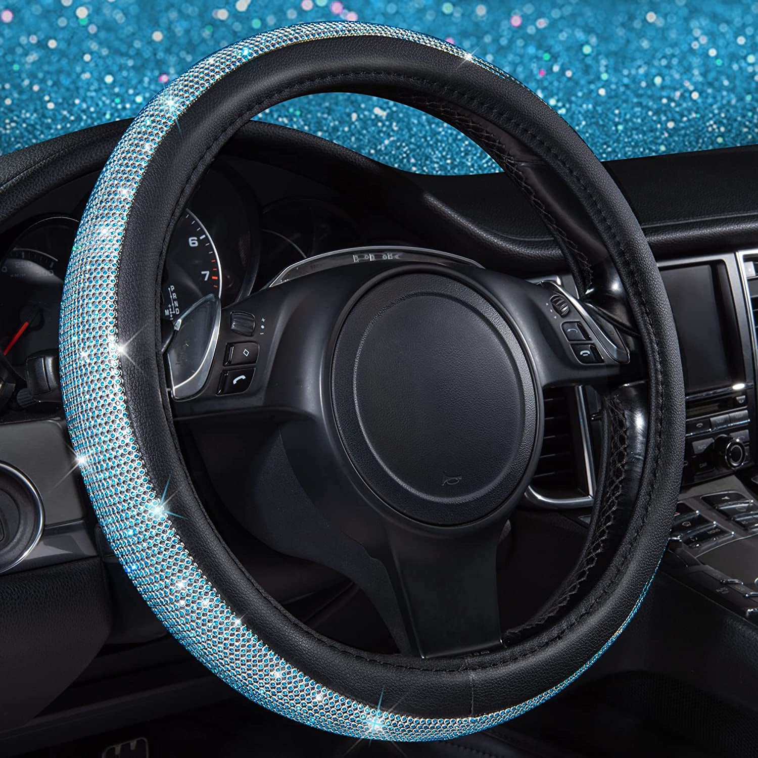 Diamond Pink Leather Steering Wheel Cover - Crystal Rhinestones - Universal Fit 14.5" to 15" - Sparkling Accessory