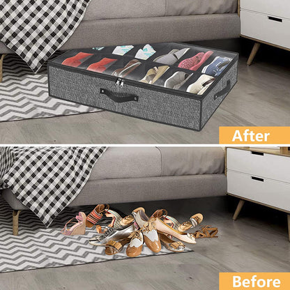 Under Bed Shoe Storage Organizer for Closet - Accommodates 24 Pairs, Durable Underbed Shoe Containers with Clear Cover, Set of 2, 29.3 x 23.6 x 5.9 Inches 