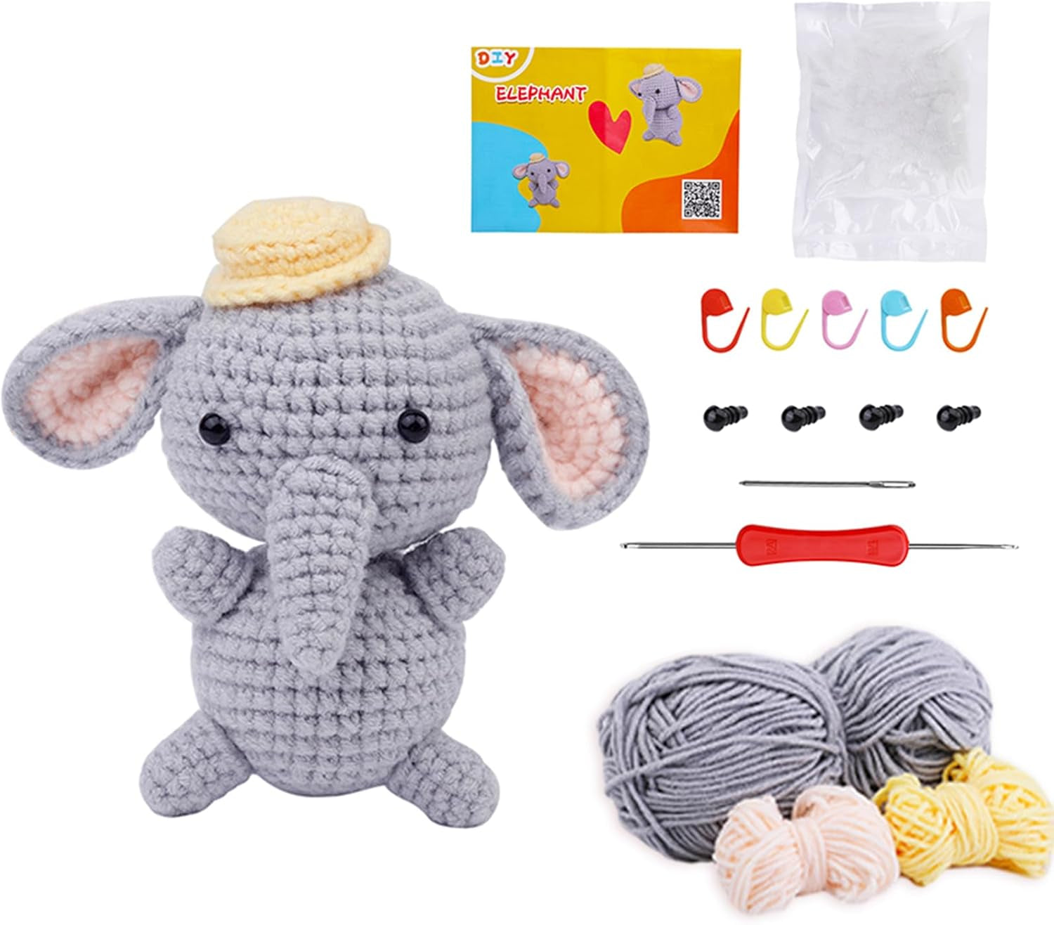Beginner's Crochet Kit: DIY Elephant Crochet Set with Step-by-Step Video Tutorials - Ideal Knitting Gift for Kids and Adults
