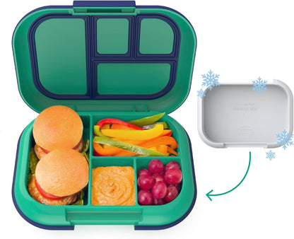 Children's Leak-Proof Lunch Box with Reusable Ice Pack - 4-Compartment Bento Container, Microwave & Dishwasher Safe, 2-Year Warranty (Gray)