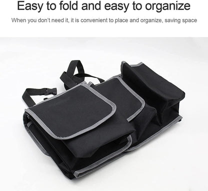 Car Trunk Organizer - Waterproof, Durable Backseat Hanging Cargo Bag with Adjustable Anti-Slip Straps and 4 Pockets (Black)