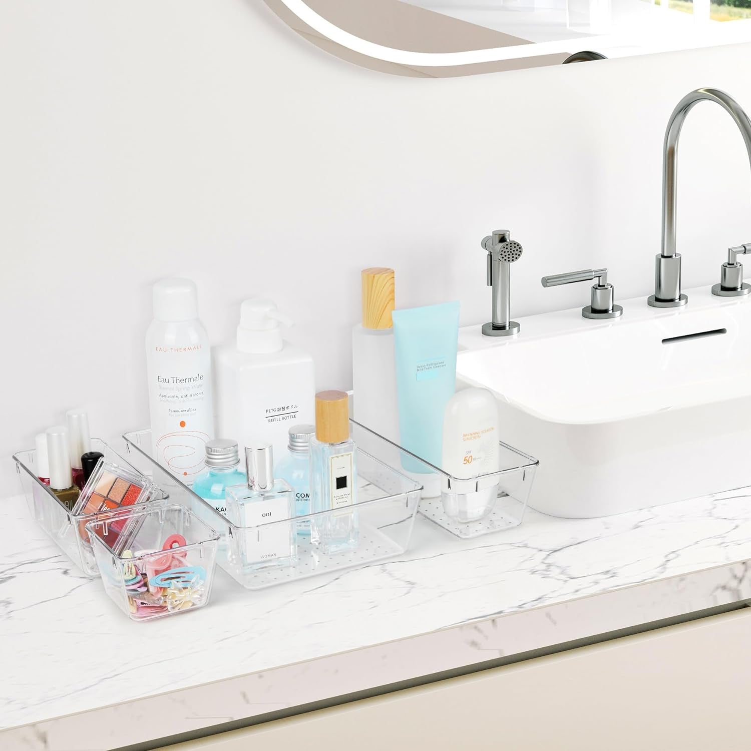 25 PCS Plastic Clear Drawer Organizer, Acrylic Desk Drawer Organizers, Organization and Storage for Makeup, Bathroom, Office, Kitchen, Bedroom