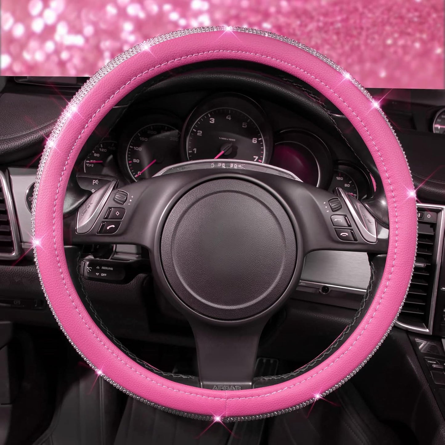 Diamond Pink Leather Steering Wheel Cover - Crystal Rhinestones - Universal Fit 14.5" to 15" - Sparkling Accessory