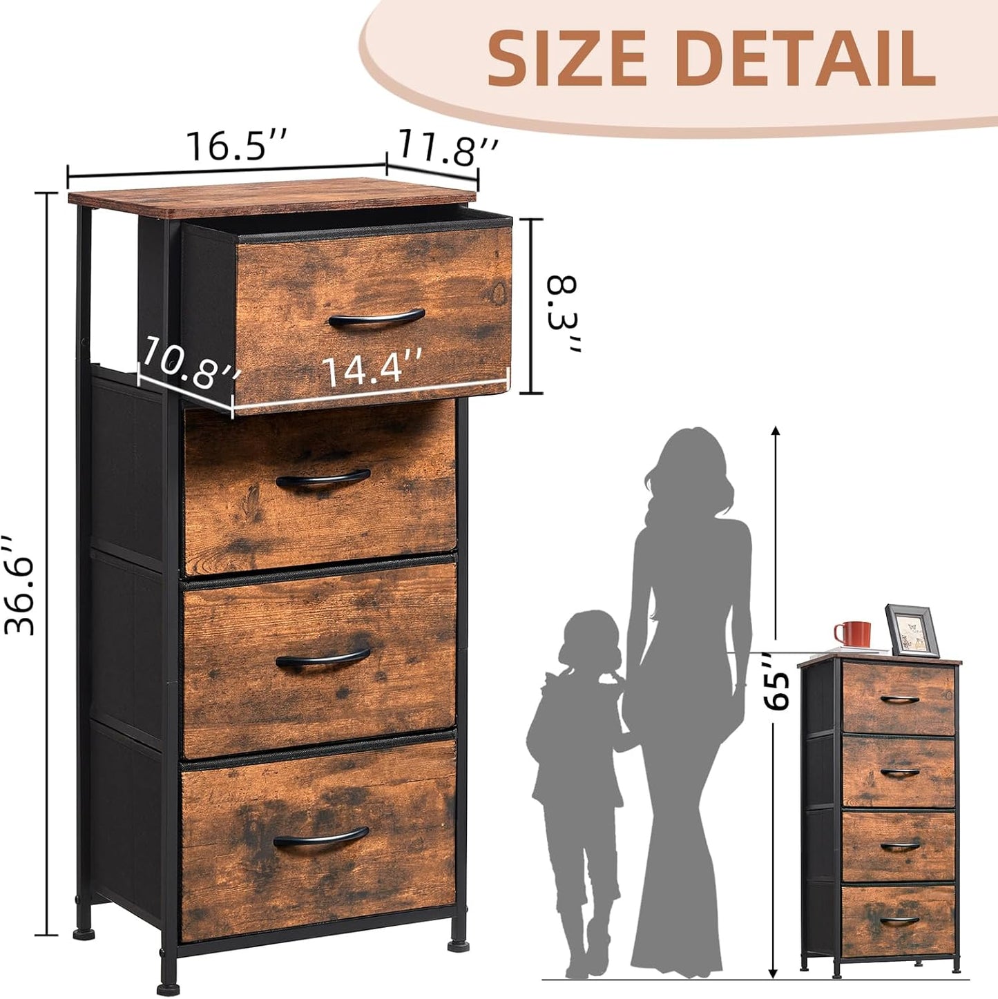 Tall Dresser for Bedroom with 4 Drawers, Storage Organizer Chest of Drawers with Removable Fabric Bins for Living Room Closet Bedside Nursery Laundry Entryway Hallway, Wood Grain Print