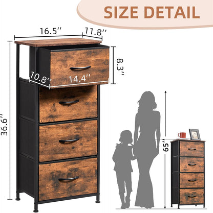 Tall Dresser for Bedroom with 4 Drawers, Storage Organizer Chest of Drawers with Removable Fabric Bins for Living Room Closet Bedside Nursery Laundry Entryway Hallway, Wood Grain Print