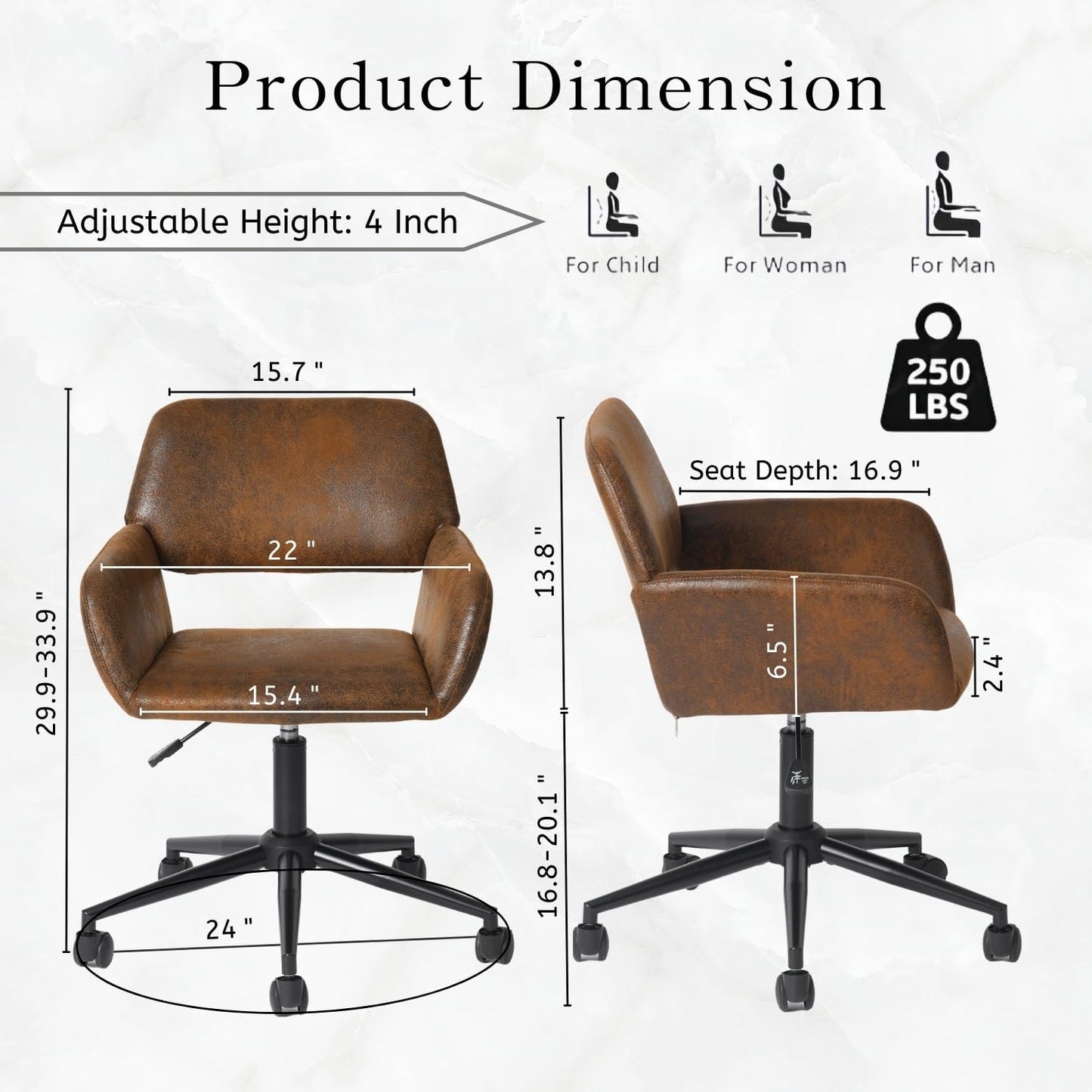 Ergonomic Swivel Desk Chair with Armrests - Adjustable Height Upholstered Task Chair for Home Office and Vanity, Brown Suede