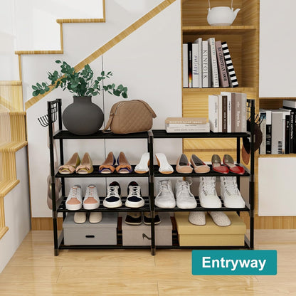 4-Tier Black Metal Shoe Rack with Multifunctional Hooks, Stackable Design for 20 Pairs, Space-Saving Solution for Closets and Showrooms