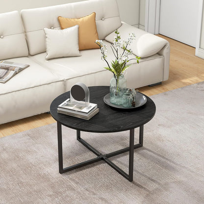Round Coffee Table with X Base Metal Frame, Accent Furniture for Home Office, Black and Brown