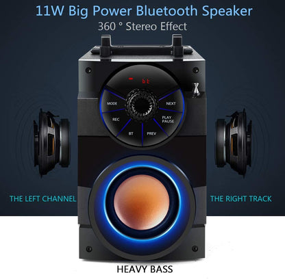 Portable 11W Bluetooth Speaker with Subwoofer, Dual Speakers, LED Lights, FM Radio, Remote Control, Enhanced Bass, and MP3 Playback 
