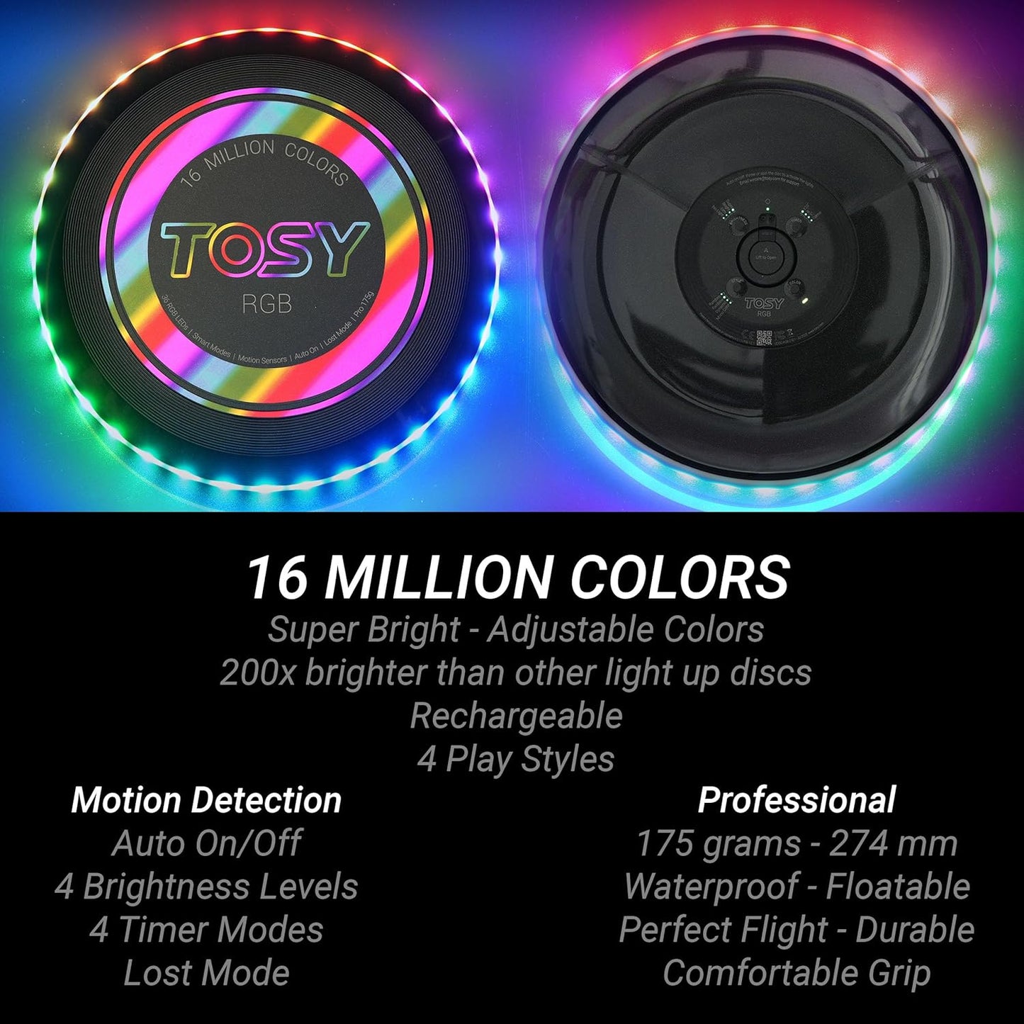 RGB Flying Disc - 16 Million Colors, 36 LEDs, Ultra Bright, Smart Modes, Auto Light Up, Rechargeable, 175g Frisbee
