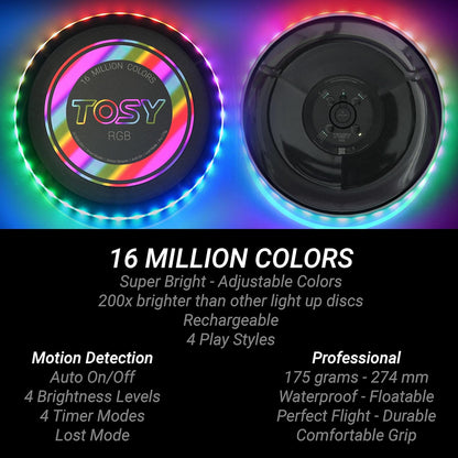 RGB Flying Disc - 16 Million Colors, 36 LEDs, Ultra Bright, Smart Modes, Auto Light Up, Rechargeable, 175g Frisbee