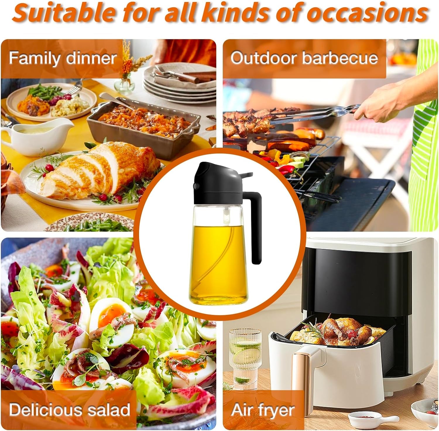 Olive Oil Dispenser and Sprayer - 16oz Glass Bottle with Pourer for Cooking, Salad, Frying, and BBQ (Black)