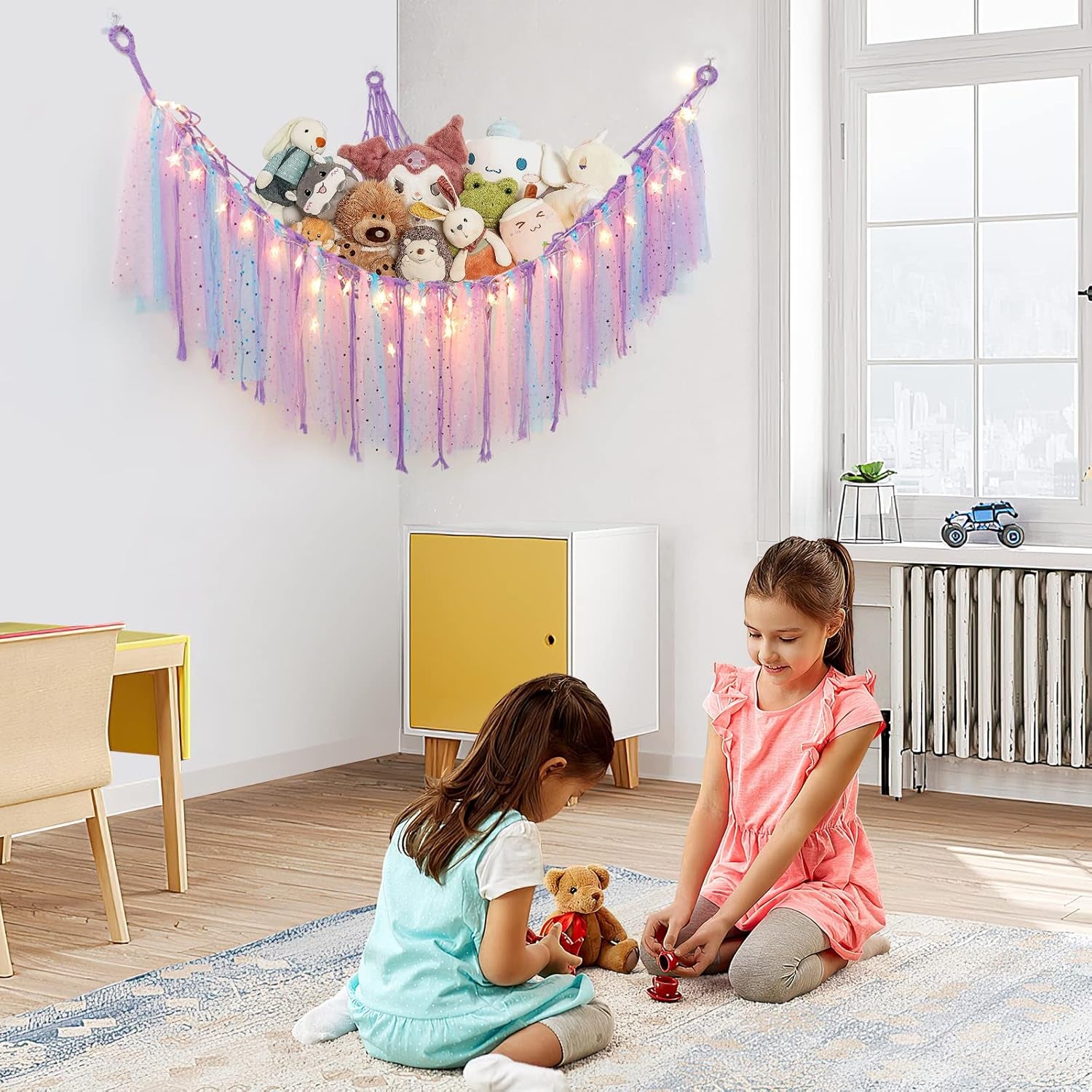 Stuffed Animals Storage - Fairy Lights, Toy Hammock, Hanging Storage Organizer, Holder with Lace Tassels 