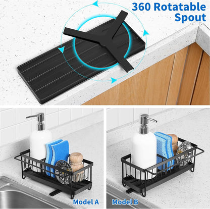 Kitchen Sink Organizer Sponge Holder with Dishrag and Dishcloth Rack, Rustproof 304 Stainless Steel with Auto Draining Tray