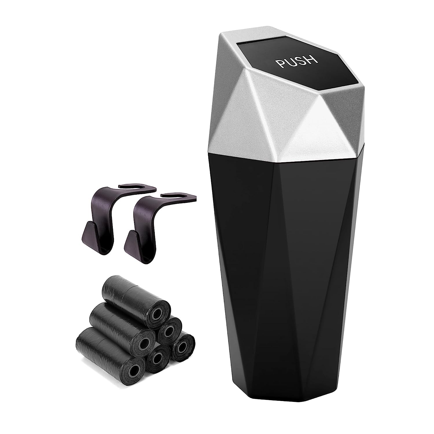 Car Trash Can with Lid - Set of 2 Mini Cup Holder Trash Bins, Leakproof, Includes 2 Hooks and 90 Trash Bags - Black