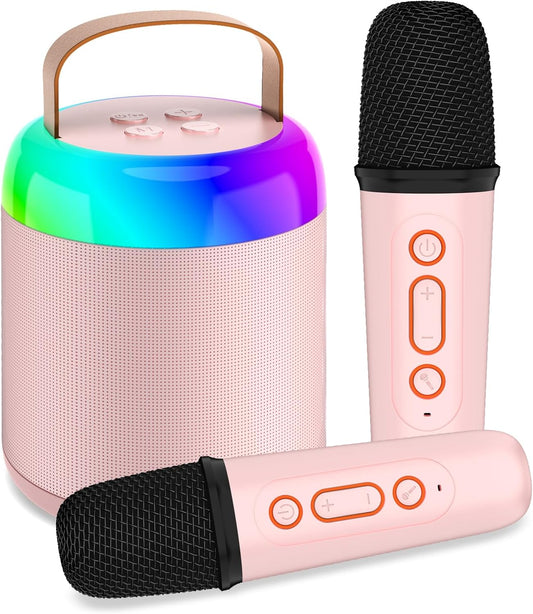Portable Mini Karaoke Machine with Dual Wireless Microphones and LED Party Lights - Aged 4+
