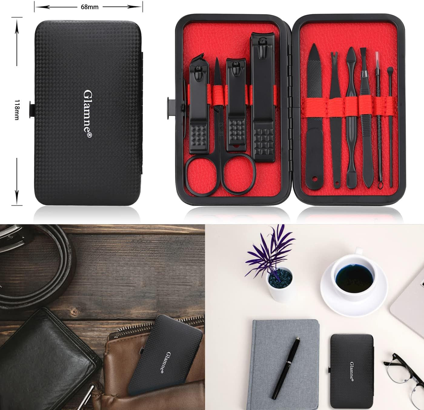 Professional 10-in-1 Stainless Steel Manicure Set with Leather Travel Case - Nail Clippers and Care Tools in Black