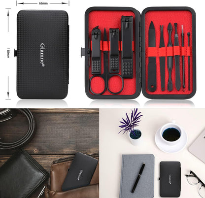 Professional 10-in-1 Stainless Steel Manicure Set with Leather Travel Case - Nail Clippers and Care Tools in Black