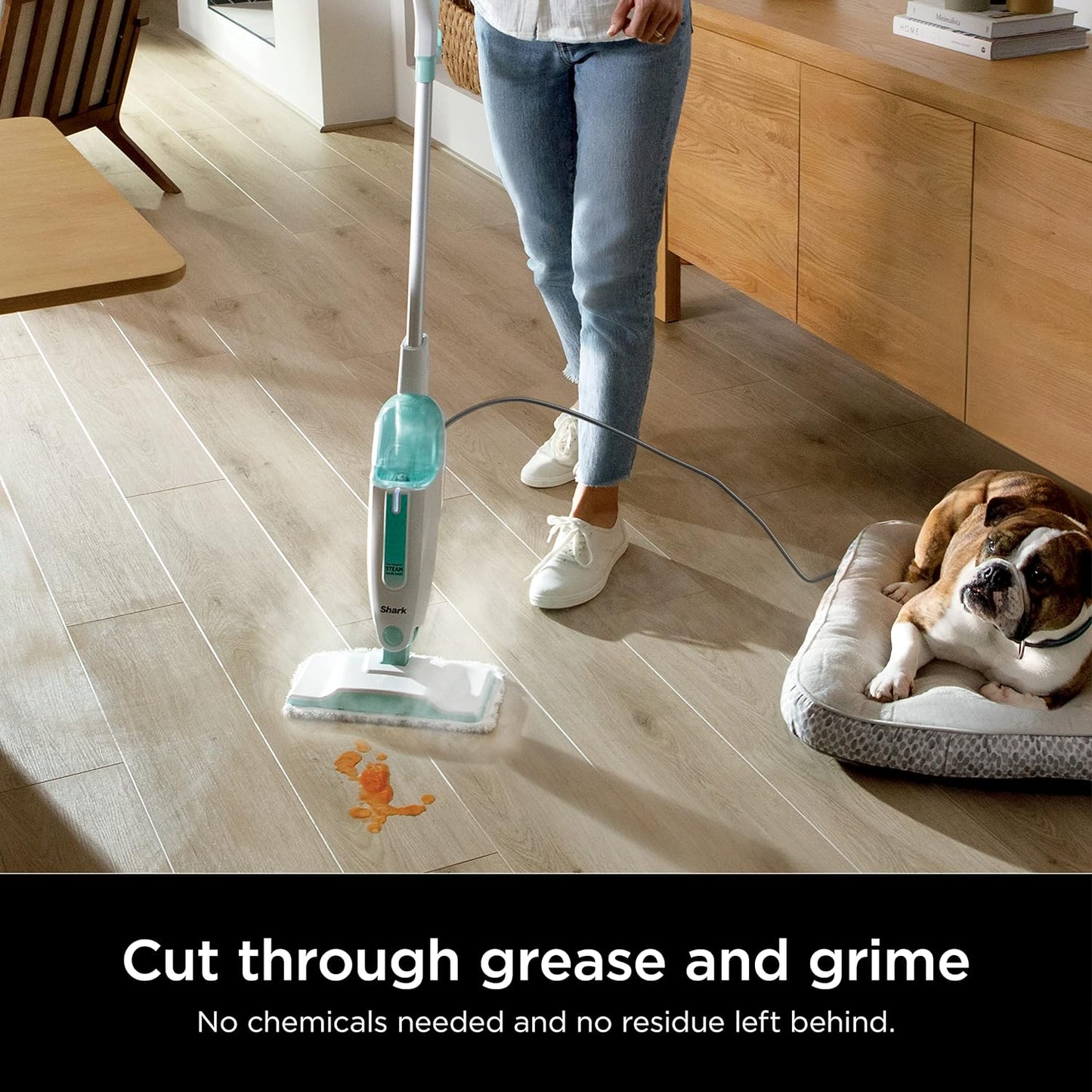 Lightweight Steam Mop with Two Machine Washable Dirt Grip Pads, Safe for All Sealed Hard Floors, Removable Water Tank, White/Seafoam