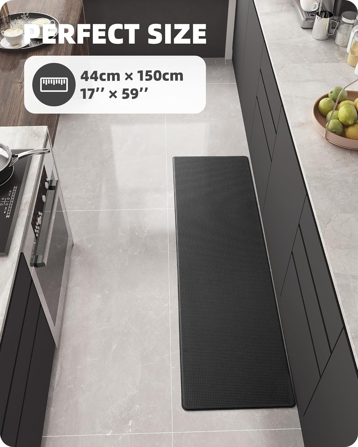 Waterproof Cushioned Anti-Fatigue Kitchen Mat, Non-Slip Rubber Runner, 44x150 cm (17"x59") - Black
