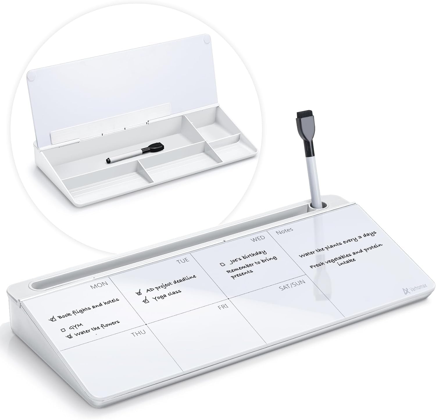 Dry Erase Glass Desk Whiteboard with Storage Caddy - Desktop Memo Notepad for Home Office and School (Gray)