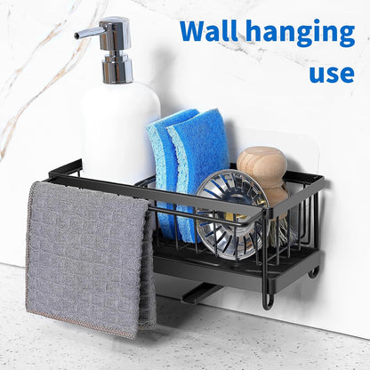 Kitchen Sink Organizer Sponge Holder with Dishrag and Dishcloth Rack, Rustproof 304 Stainless Steel with Auto Draining Tray