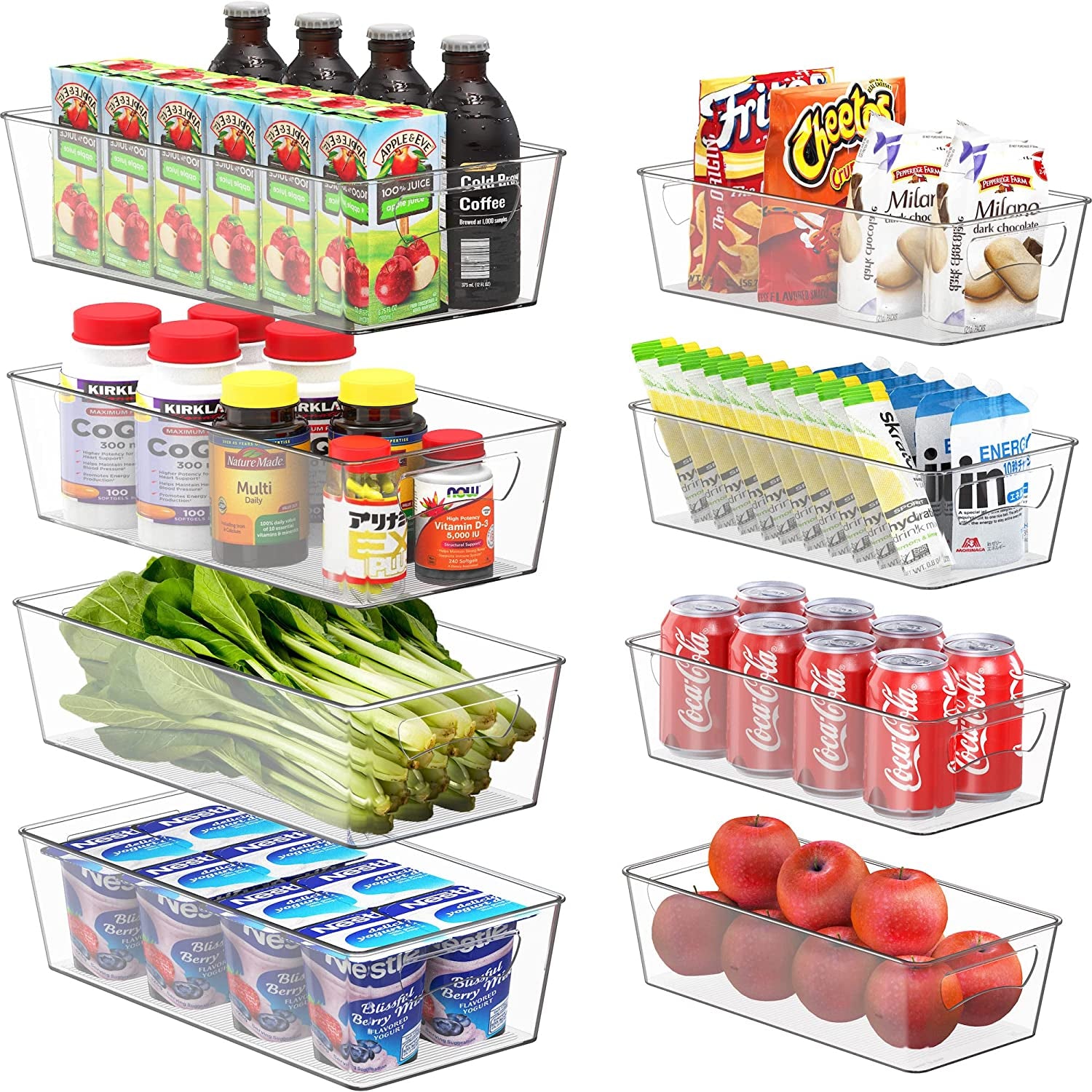 Clear Storage Bins for Freezer and Kitchen Pantry Organization, Set of 6 (2 Large, 2 Long, 1 Standard, 1 Medium)