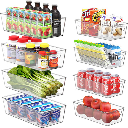 Clear Storage Bins for Freezer and Kitchen Pantry Organization, Set of 6 (2 Large, 2 Long, 1 Standard, 1 Medium)