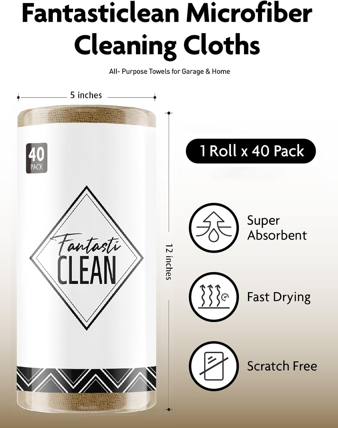 Microfiber Cleaning Cloth Roll - 40 Tear-Away Towels, 30x30 cm, Reusable, Washable, Scratch-Free Ultra Absorbent Dish Rags (Tan)