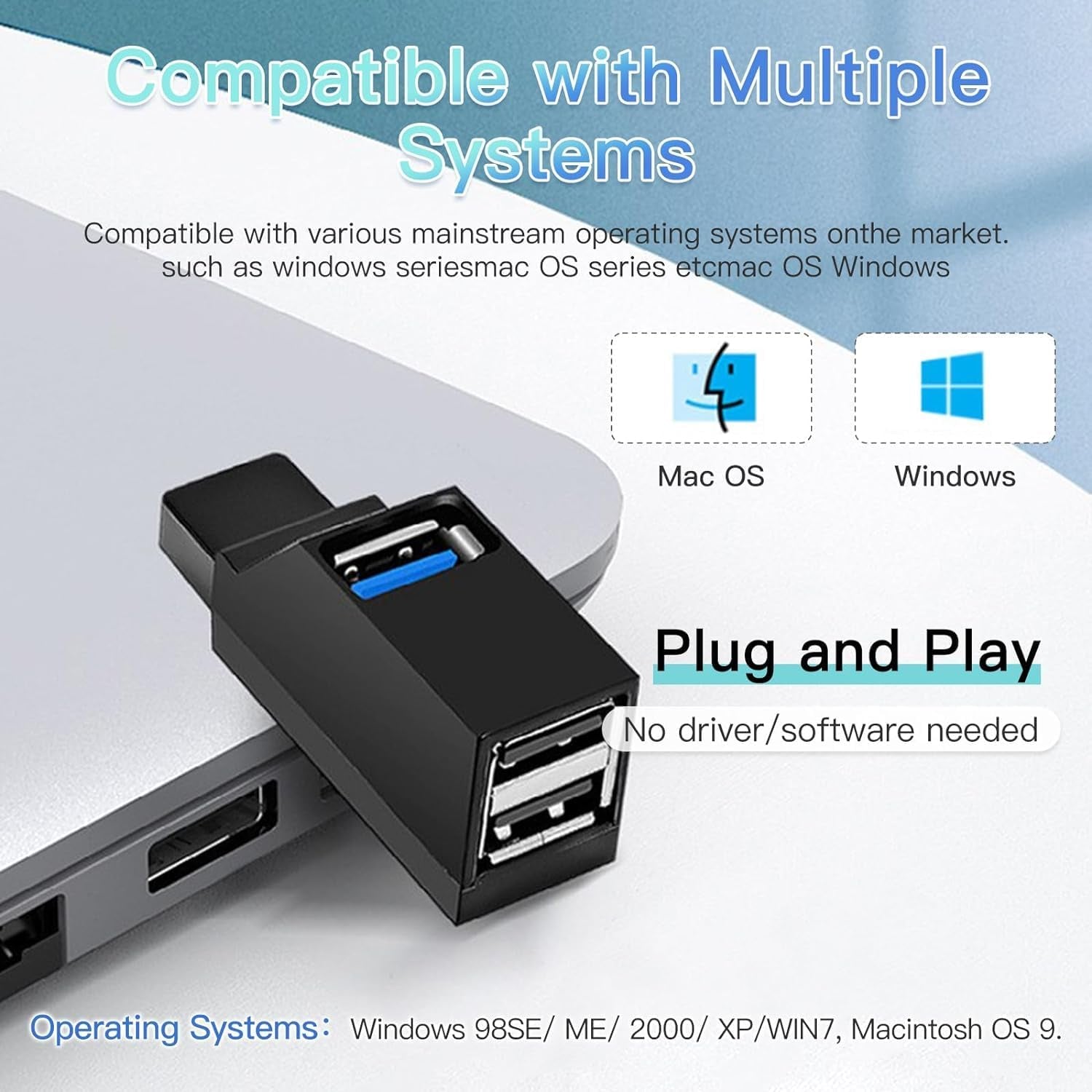 3-Port High-Speed USB Hub - Plug and Play Bus-Powered Splitter (Black)