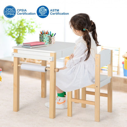 Children's Art Table and Chair Set with Storage Drawer, Paper Roll, and Two Markers