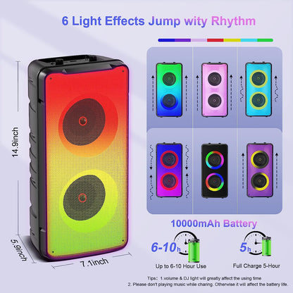 Portable 60W Bluetooth Speakers with Rich Bass, FM Radio, Colorful Lights, TWS Pairing, and 10000mAh Battery 