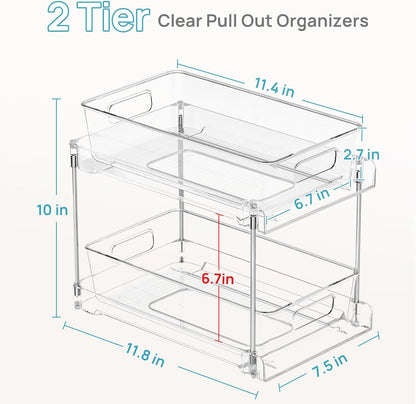 2-Tier Clear Bathroom Storage Organizer Set - Under-Sink and Vanity Counter Containers with Pull-Out Track System