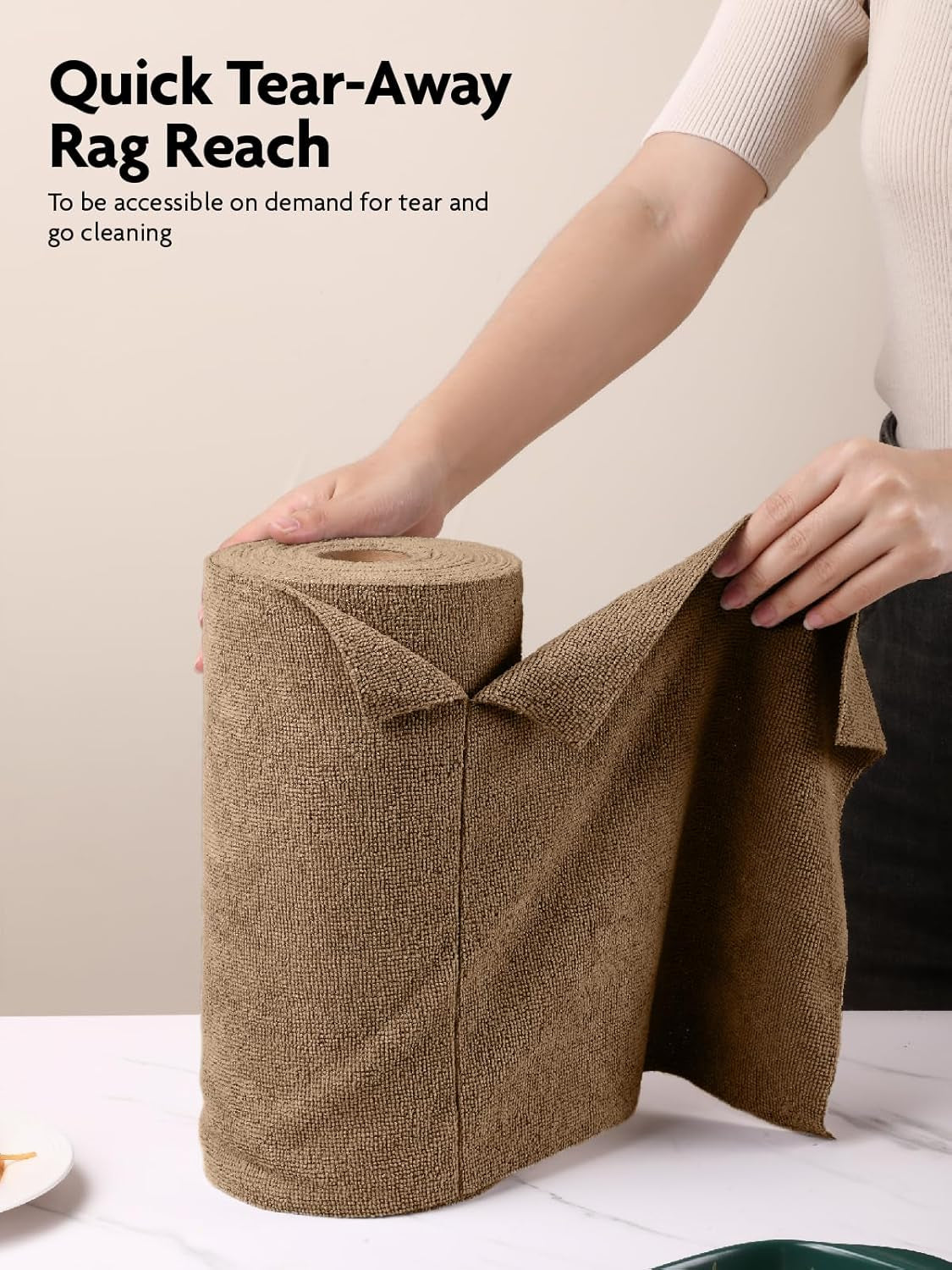 Microfiber Cleaning Cloth Roll - 40 Tear-Away Towels, 30x30 cm, Reusable, Washable, Scratch-Free Ultra Absorbent Dish Rags (Tan)
